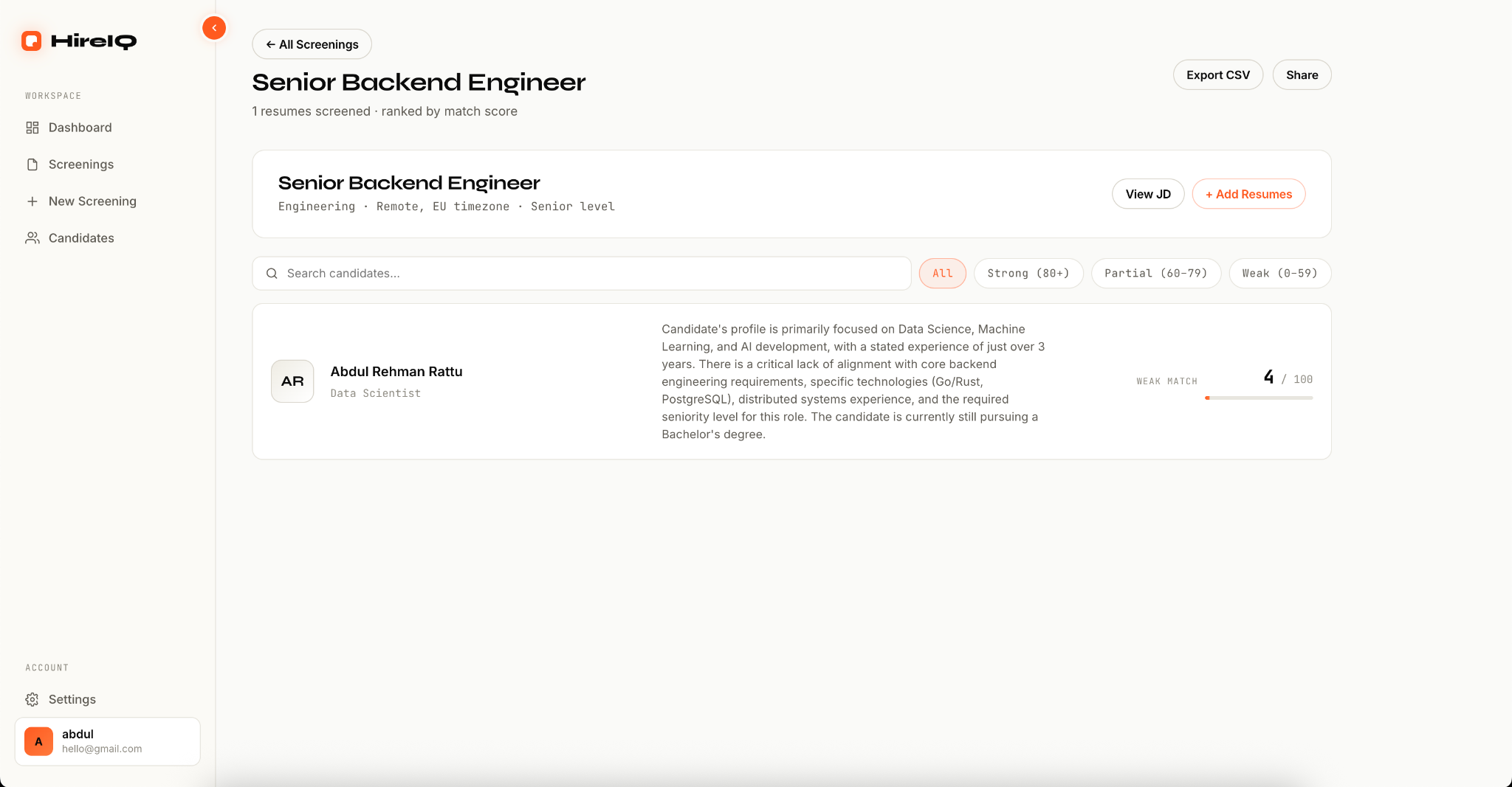 HireIQ candidate review showing evidence and match score