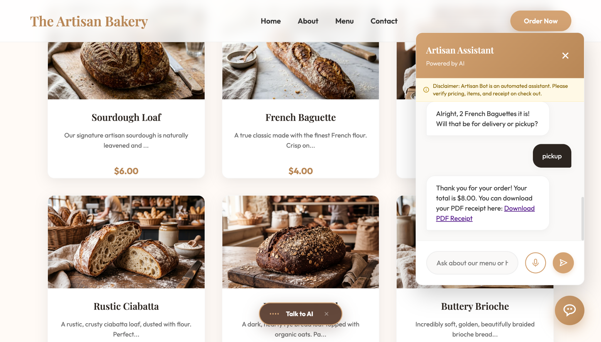 Restaurant Agentic AI voice assistant handling a bakery order