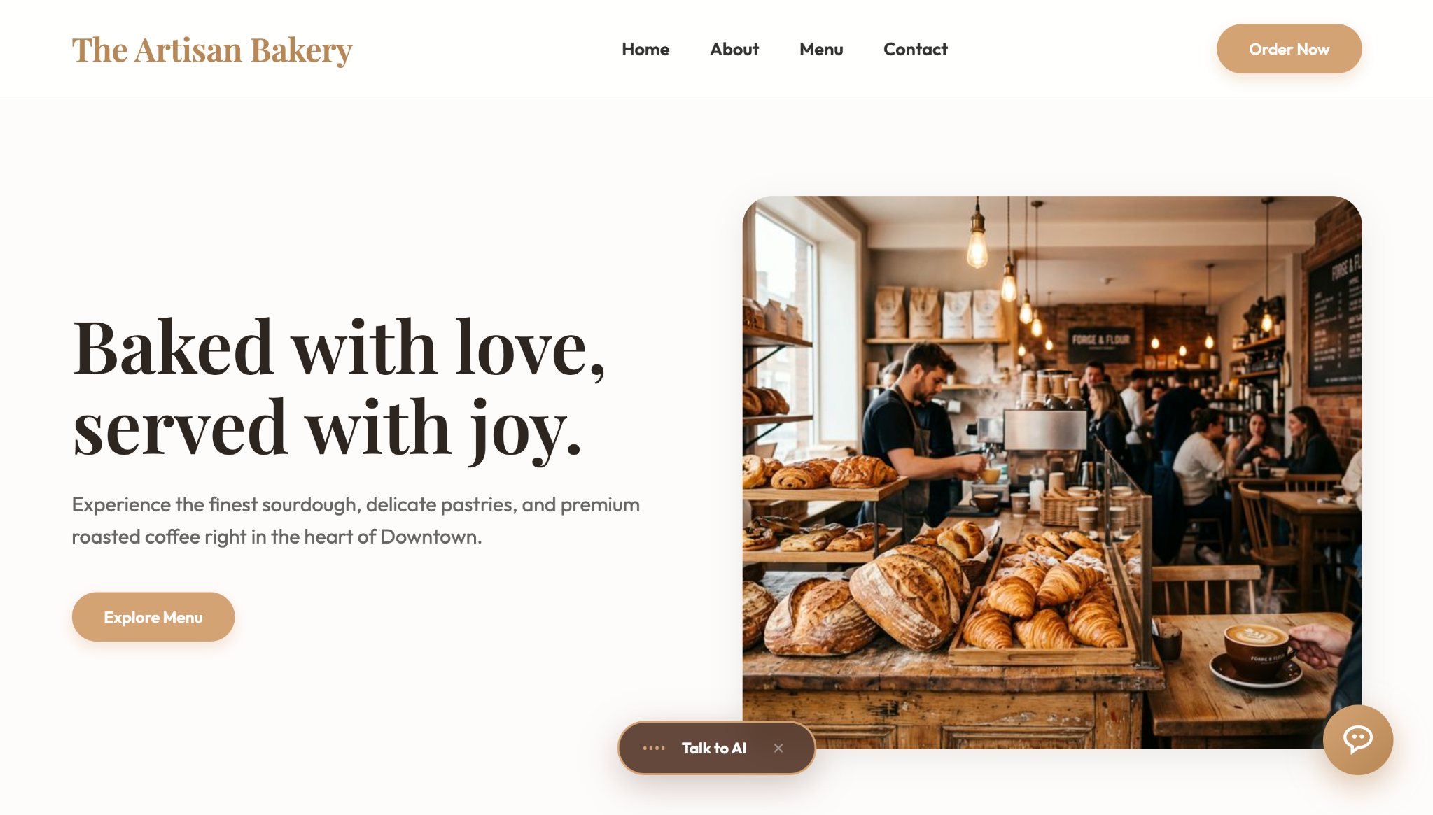 Restaurant Agentic AI customer ordering interface with bakery products and voice assistant