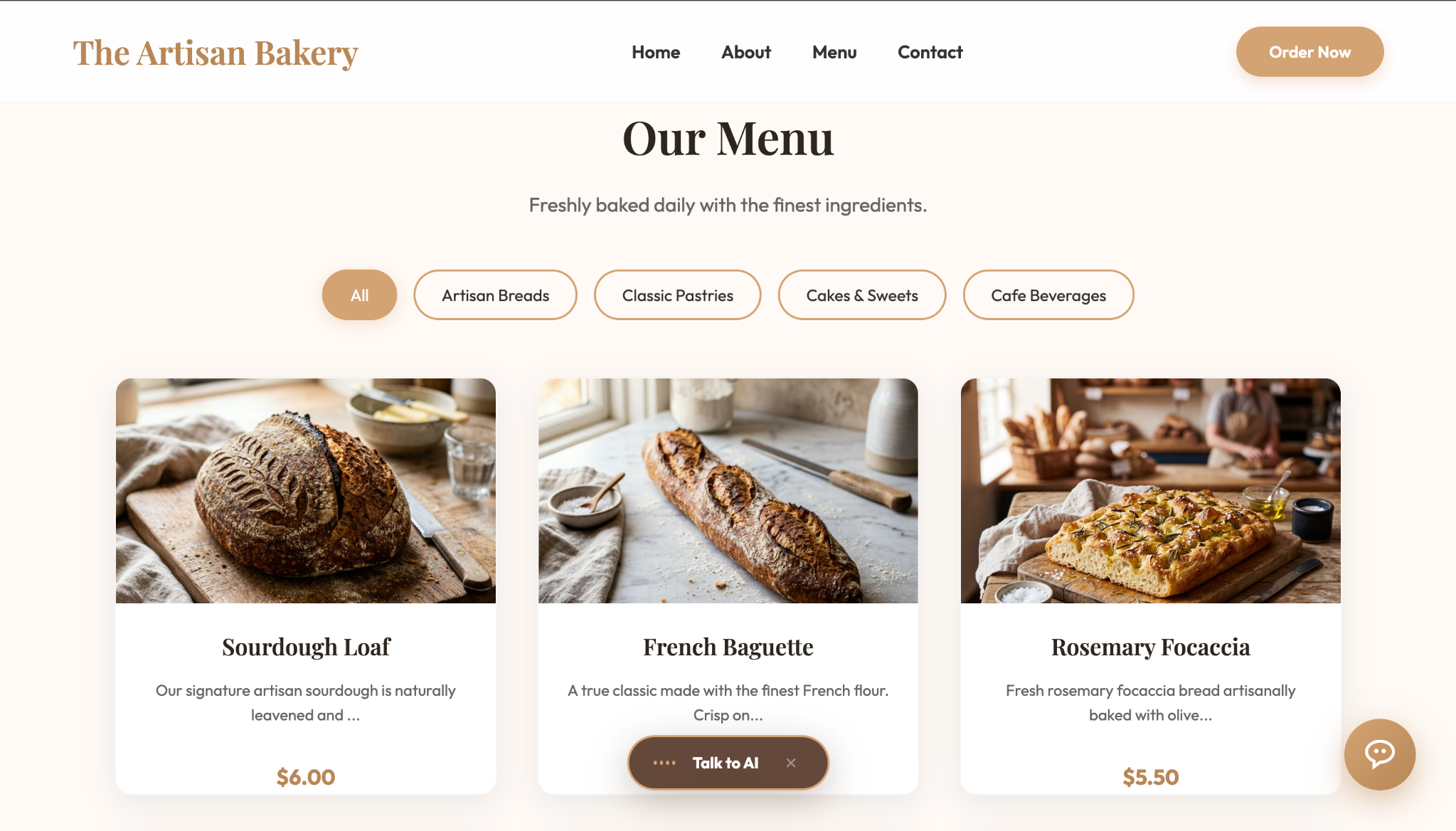 Restaurant Agentic AI menu with categories and product cards
